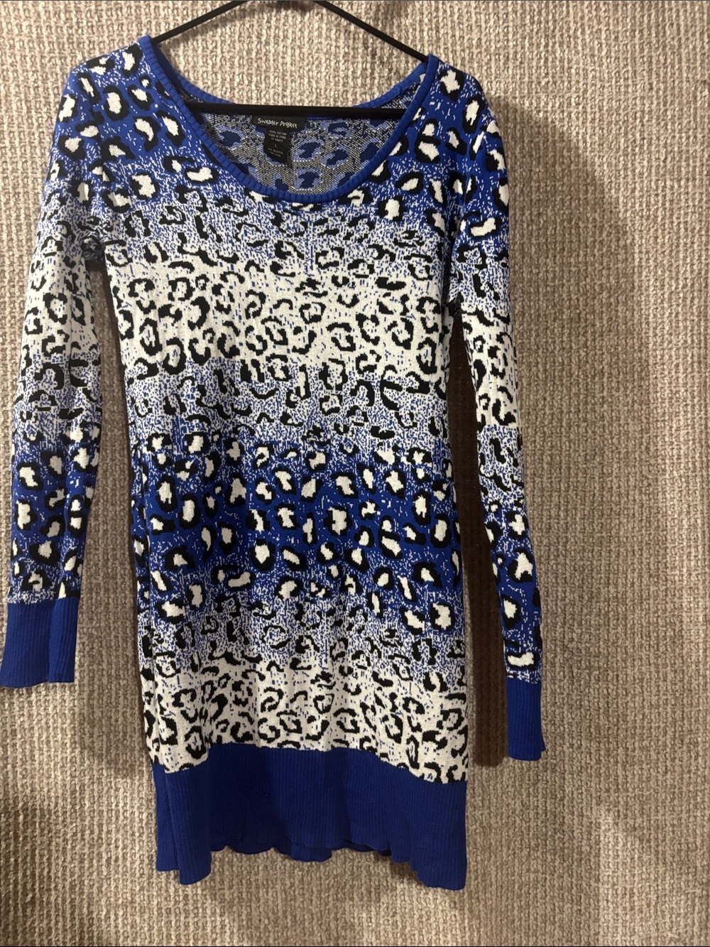 Blue White and Black Leopard-Print Scoop Neck Sweater